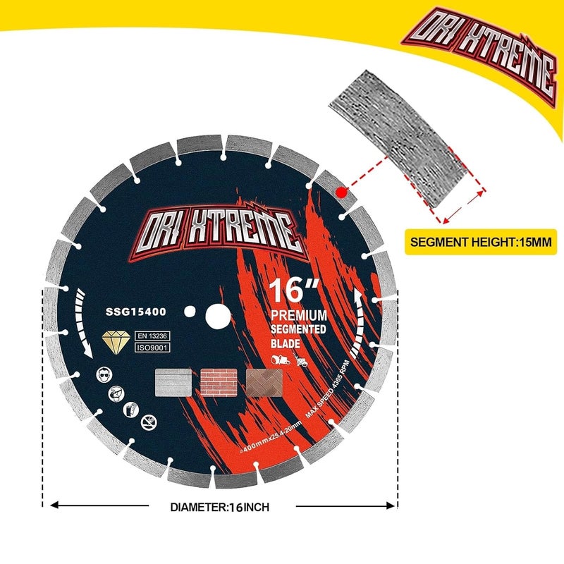 ORIXTREME 16 Inch Diamond Concrete Saw Blade, Segmented General Purpose Blade Dry/Wet Cutting Concrete, Reinforced Concrete, Masonry, Brick, Block,1"-20mm Arbor - Image 2